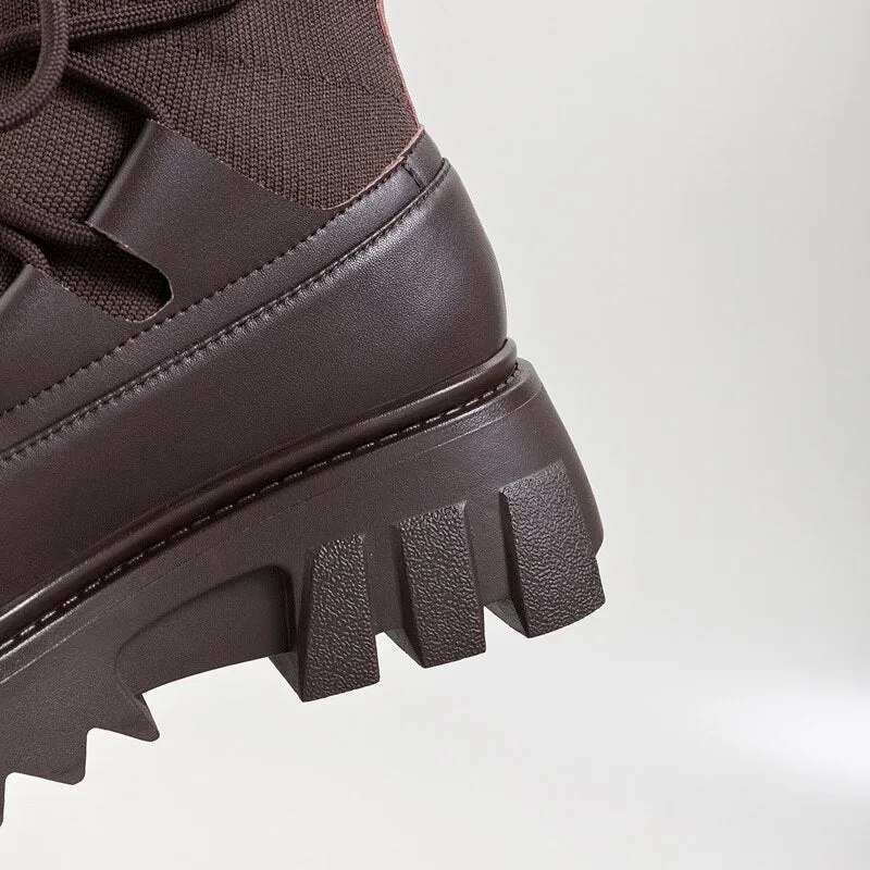 Lace Up Ankle Boots Platform Square Heels Female