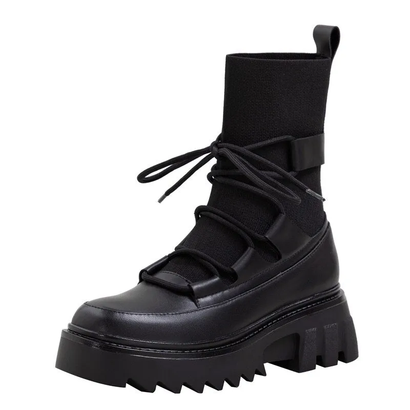 Lace Up Ankle Boots Platform Square Heels Female