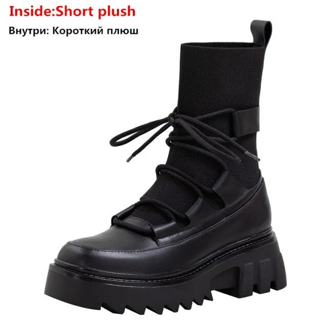 Lace Up Ankle Boots Platform Square Heels Female