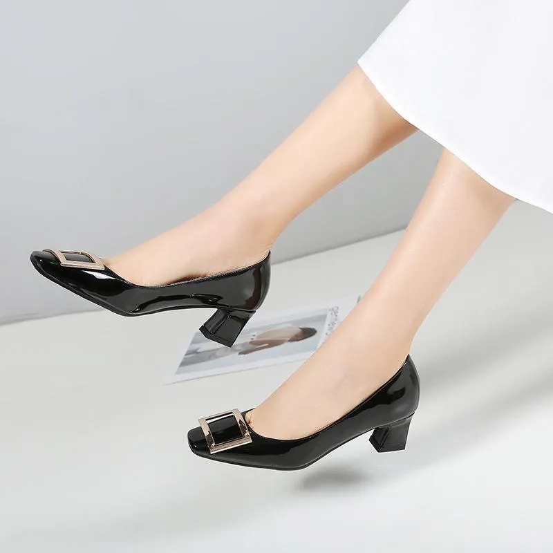 Ladies Simple Thick Heel Square Head Shallow Toe Woman Chunky Pumps