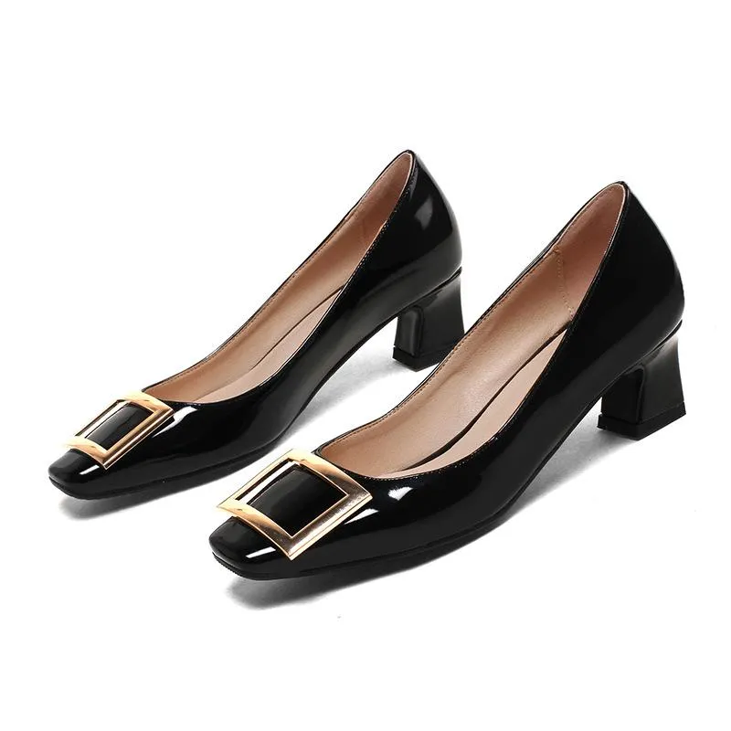 Ladies Simple Thick Heel Square Head Shallow Toe Woman Chunky Pumps