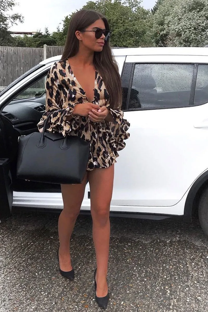 Leopard Print Flared Sleeve Tie Up Playsuit - Deyli