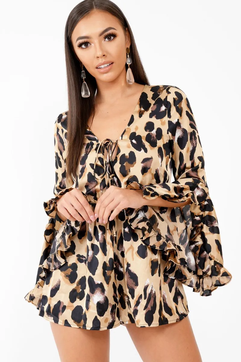 Leopard Print Flared Sleeve Tie Up Playsuit - Deyli