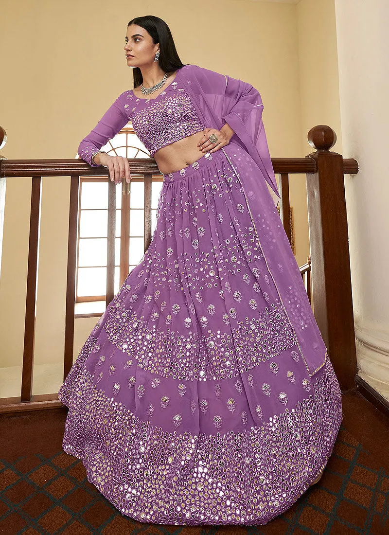 Lilac Lavender Foil Mirror Embroidered Indian Wedding Lehenga