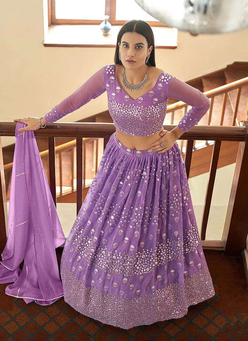 Lilac Lavender Foil Mirror Embroidered Indian Wedding Lehenga