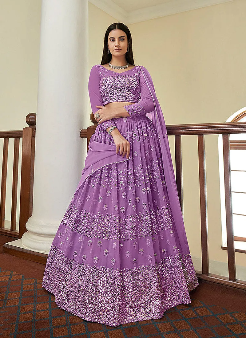 Lilac Lavender Foil Mirror Embroidered Indian Wedding Lehenga