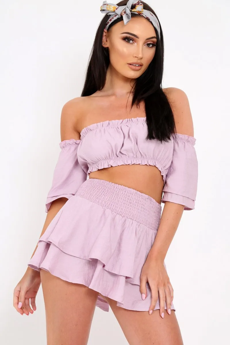 Lilac Ruffle Bardot Crop Top And Skirt Co-ord - Aamora