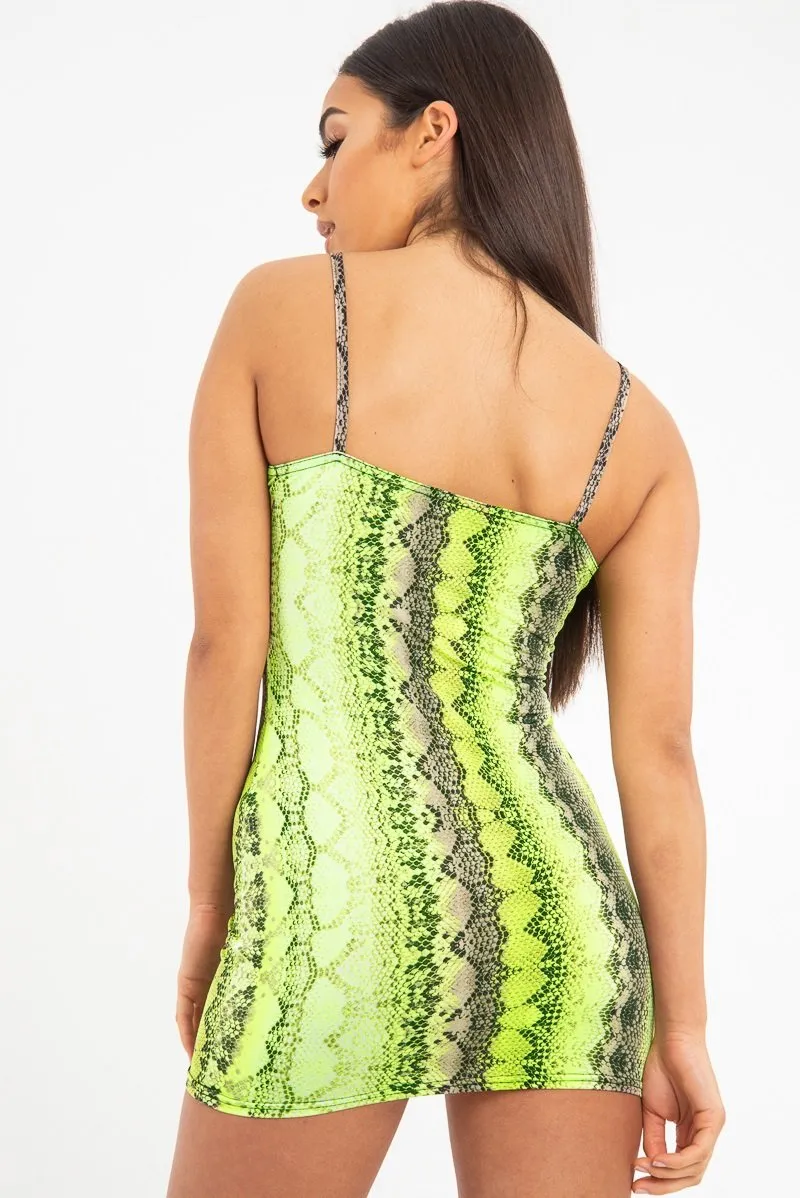 Lime Green Snake Print Strappy Plunge Bodycon Dress - Gilia