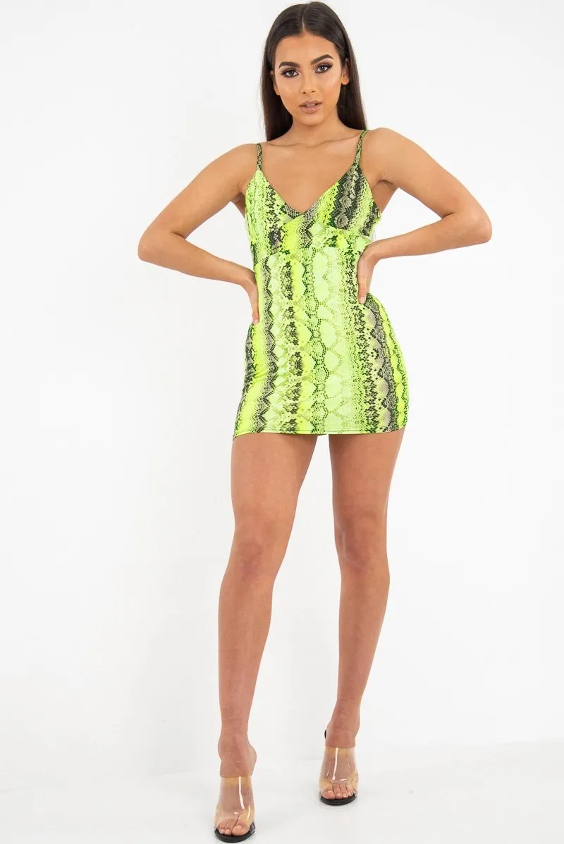 Lime Green Snake Print Strappy Plunge Bodycon Dress - Gilia