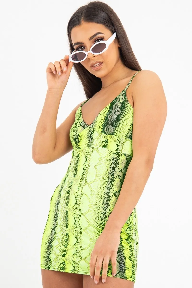 Lime Green Snake Print Strappy Plunge Bodycon Dress - Gilia