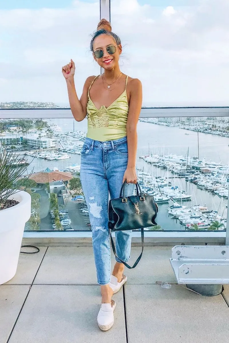 Lime Satin Lace Plunge Bodysuit - Zaida