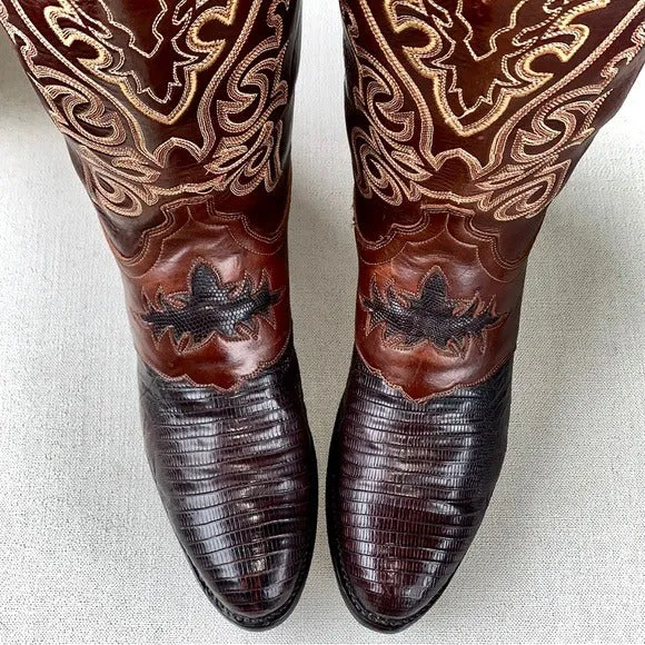 LUCCHESE 1883 Lizard Exotic Skin Goat Leather Brown Cowboy Western Boots