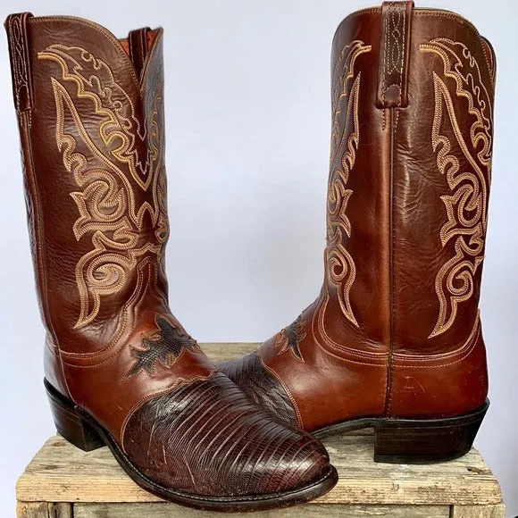LUCCHESE 1883 Lizard Exotic Skin Goat Leather Brown Cowboy Western Boots