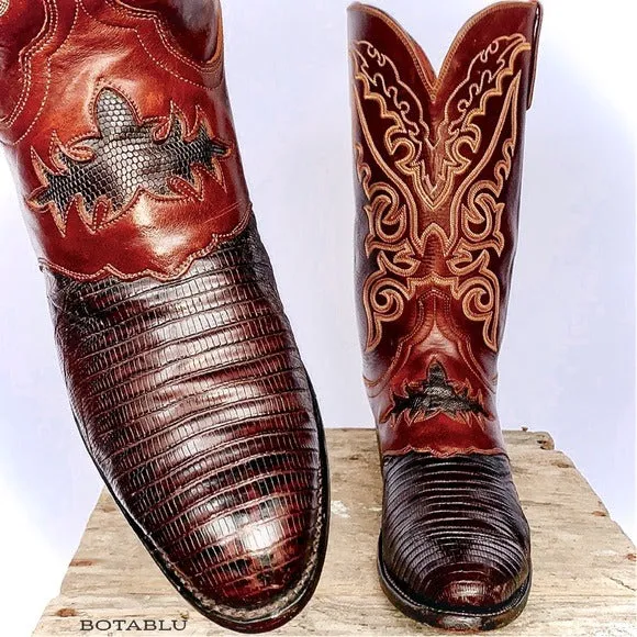 LUCCHESE 1883 Lizard Exotic Skin Goat Leather Brown Cowboy Western Boots