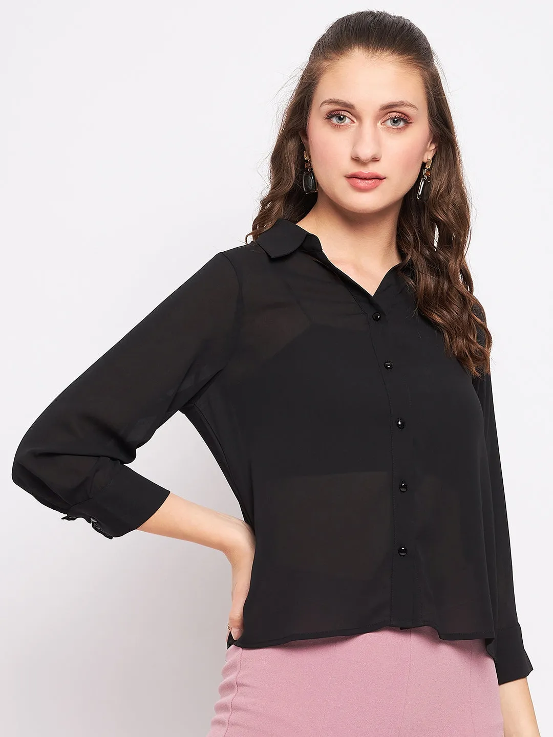 Madame Quarter Sleeve Black Semi Sheer Shirt