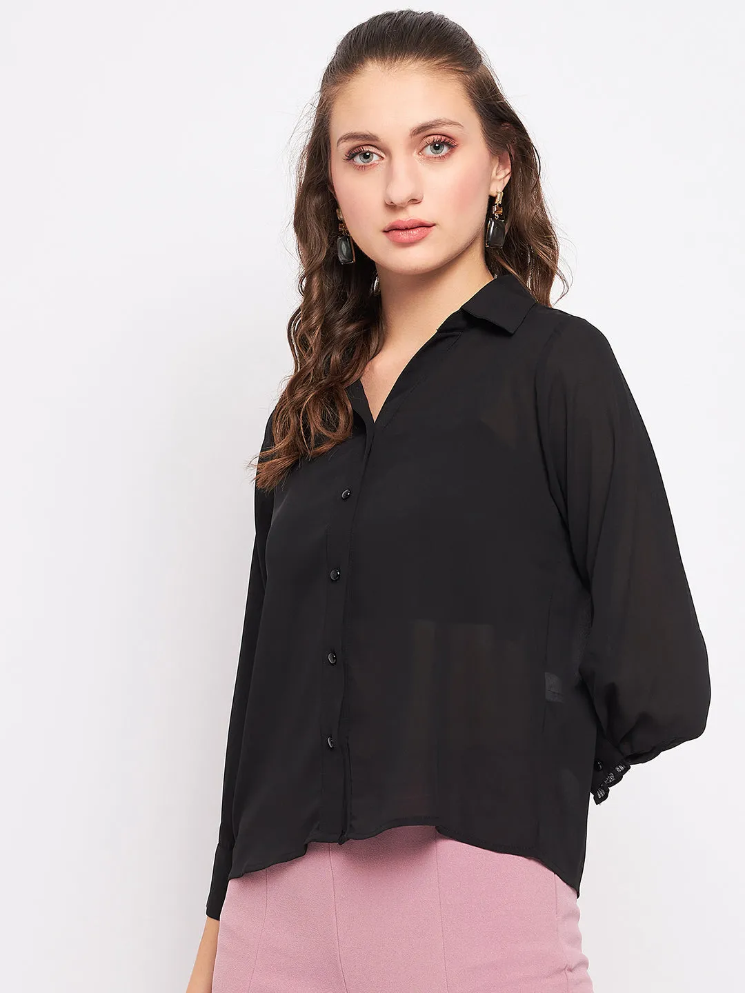 Madame Quarter Sleeve Black Semi Sheer Shirt