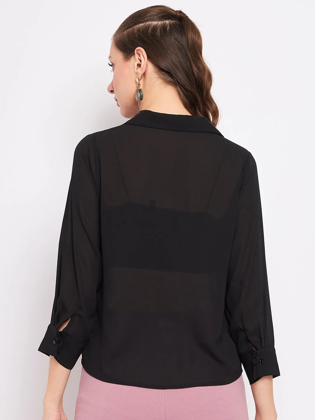 Madame Quarter Sleeve Black Semi Sheer Shirt