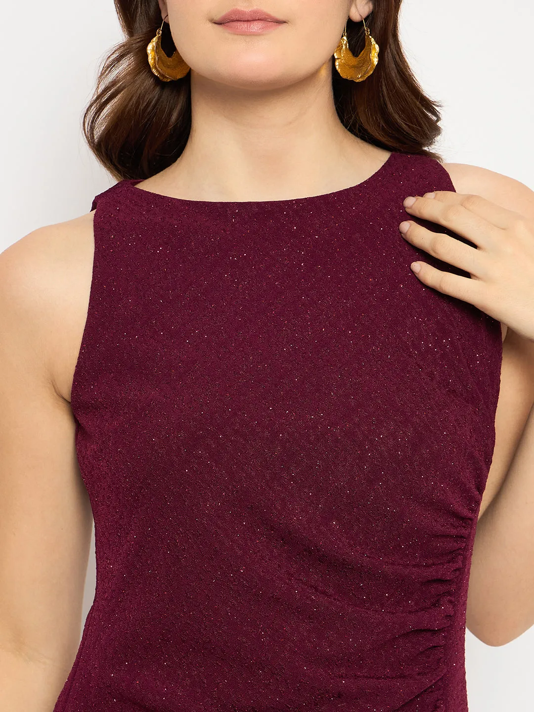 Madame Shanaya Kapoor Shimmery Gathered Detail Bodycon Wine Maxi Dress