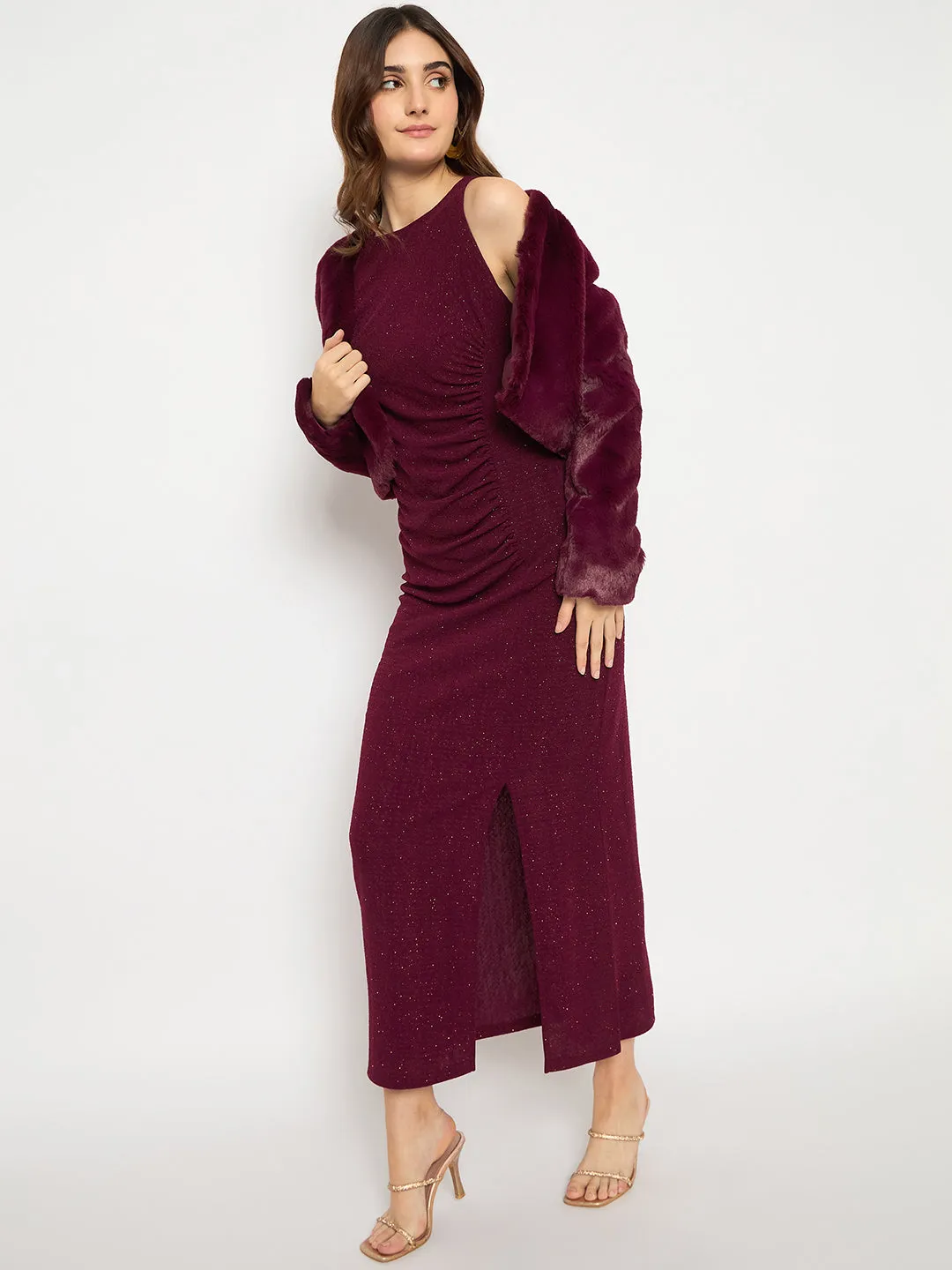 Madame Shanaya Kapoor Shimmery Gathered Detail Bodycon Wine Maxi Dress