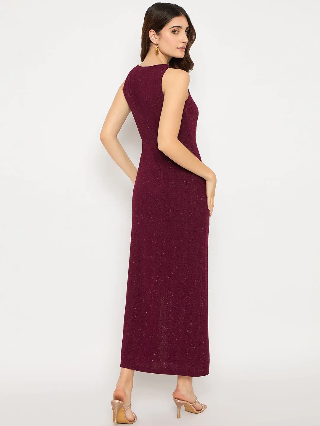 Madame Shanaya Kapoor Shimmery Gathered Detail Bodycon Wine Maxi Dress