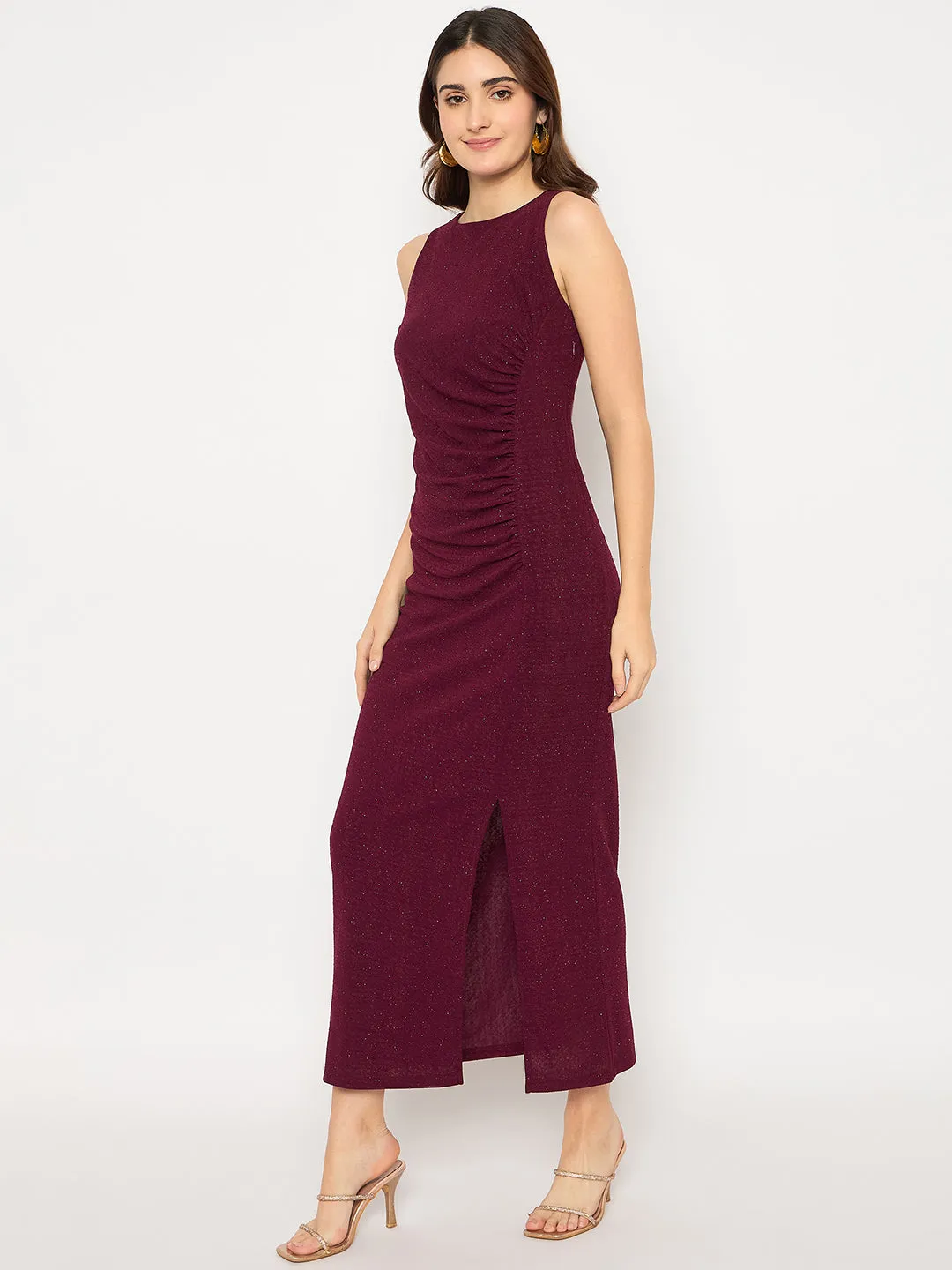 Madame Shanaya Kapoor Shimmery Gathered Detail Bodycon Wine Maxi Dress