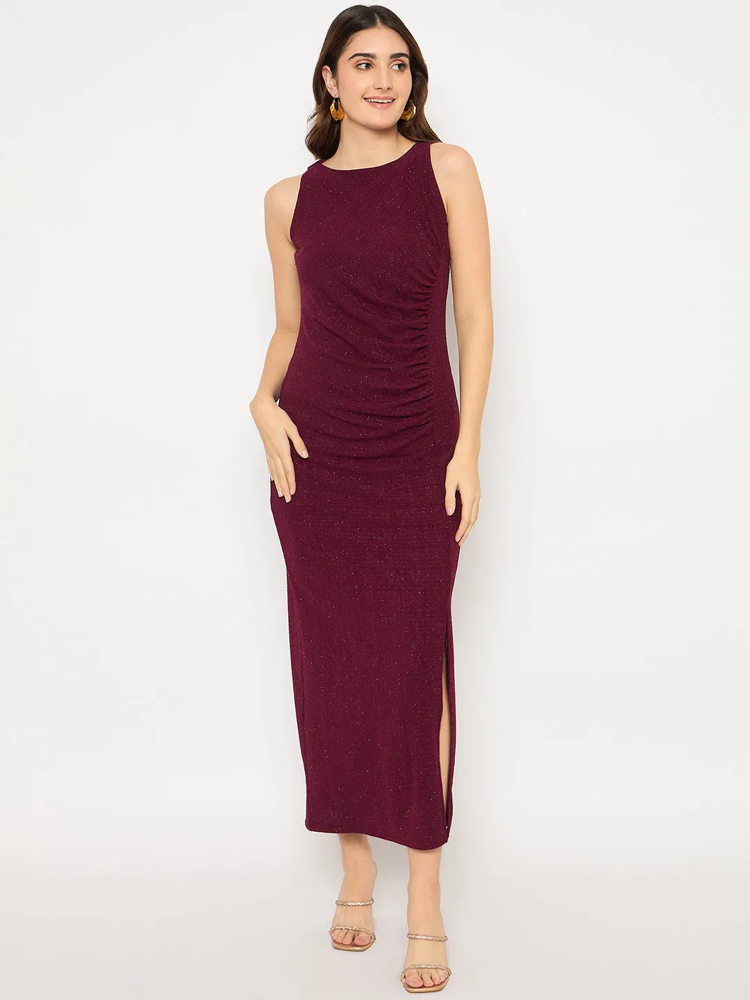 Madame Shanaya Kapoor Shimmery Gathered Detail Bodycon Wine Maxi Dress