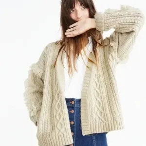 Madewell Fringe Sleeve Merino Wool Fisherman Cable Knit Open Cardigan Pockets XS