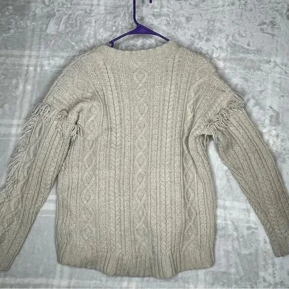 Madewell Fringe Sleeve Merino Wool Fisherman Cable Knit Open Cardigan Pockets XS
