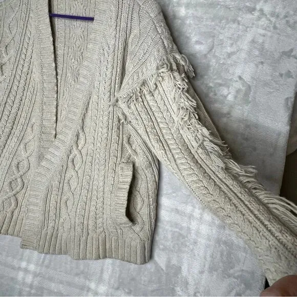 Madewell Fringe Sleeve Merino Wool Fisherman Cable Knit Open Cardigan Pockets XS