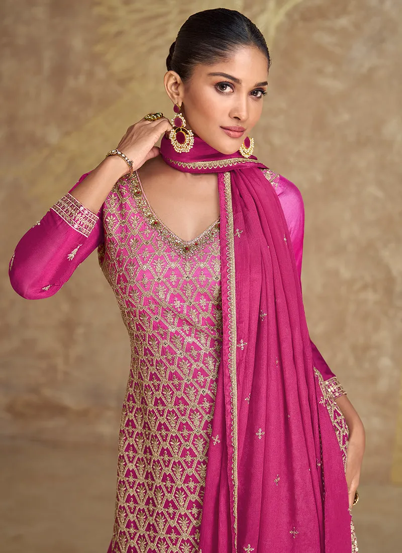 Magenta Pink Embroidery Designer Sharara Suit