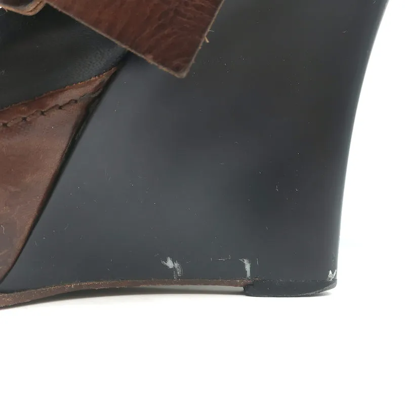 Marni Buckled Wedge Pumps Black & Brown Leather Size 38 Peep Toe Heels