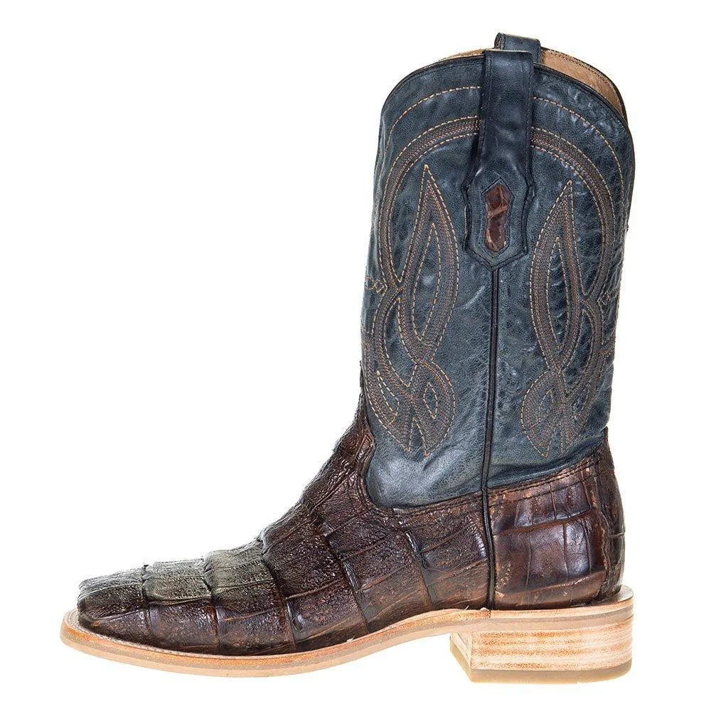 Men's Corral Rodeo Performance Chocolate Caiman Blue Embroidery Top Square A4057