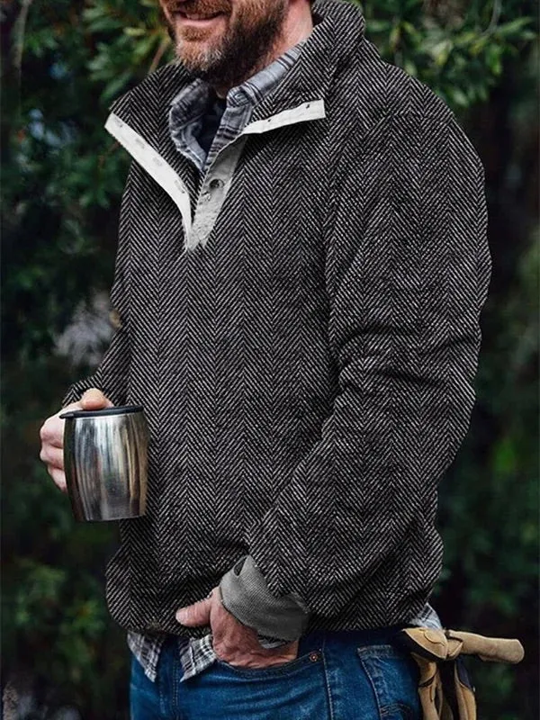 Men's Flannel Vintage Herringbone Button Pullover Sweatshirt