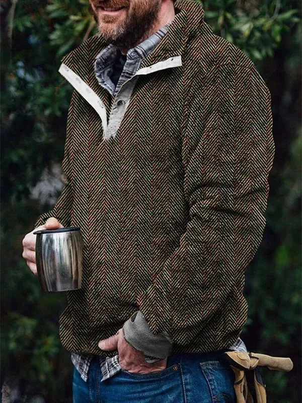 Men's Flannel Vintage Herringbone Button Pullover Sweatshirt