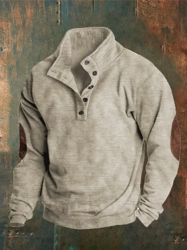 Men's Solid Color Casual Concealed Button Stand Collar Sweatshirt