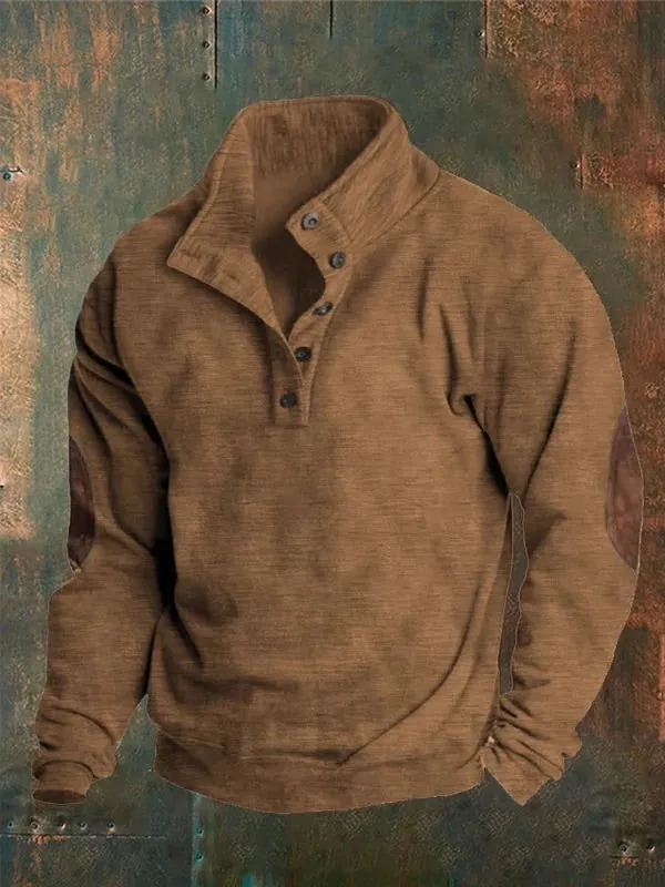 Men's Solid Color Casual Concealed Button Stand Collar Sweatshirt