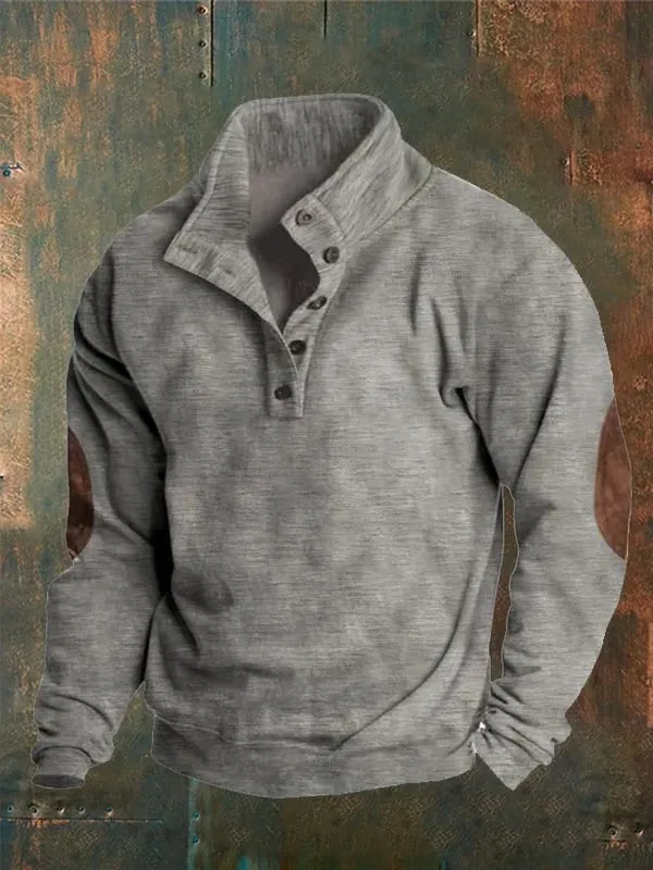 Men's Solid Color Casual Concealed Button Stand Collar Sweatshirt