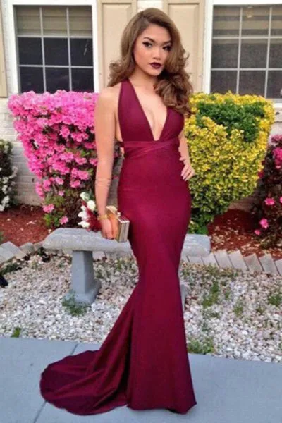 Mermaid Deep V-neck Sleeveless Sweep Train Burgundy Backless Prom Dress P93