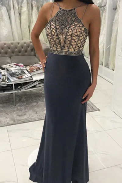 Mermaid Round Neck Floor-Length Grey Prom Dress with Beading D011