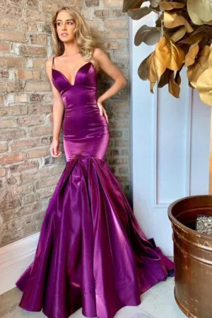 Mermaid Spaghetti Straps Sleeveless Sweep Train Purple Prom Dress OHC040