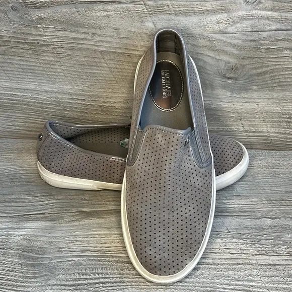 Michael Kors Brett perforated pearl grey suede leather slip on sneakers size 7