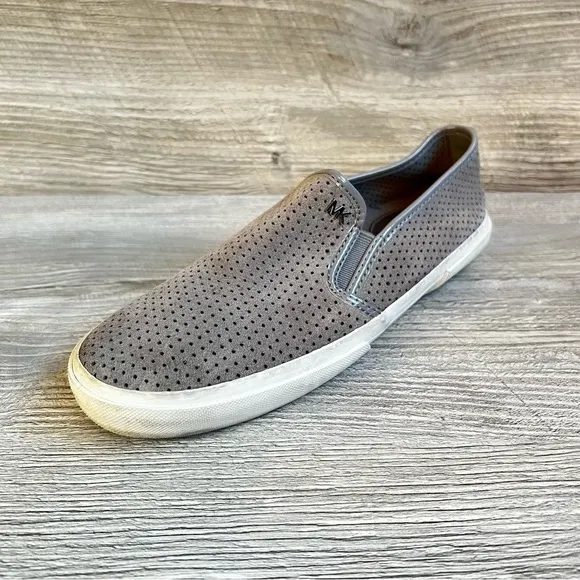 Michael Kors Brett perforated pearl grey suede leather slip on sneakers size 7