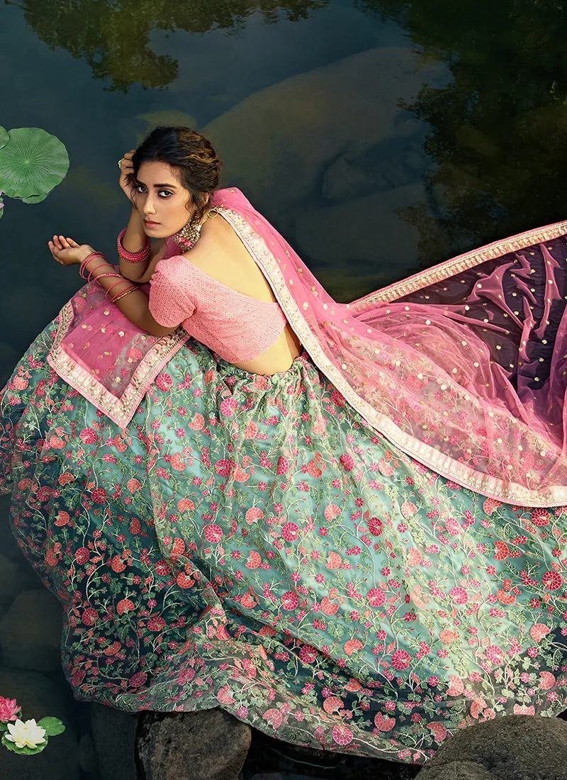 Mint Green And Pink Floral Designer Embroidery Wedding Lehenga Choli