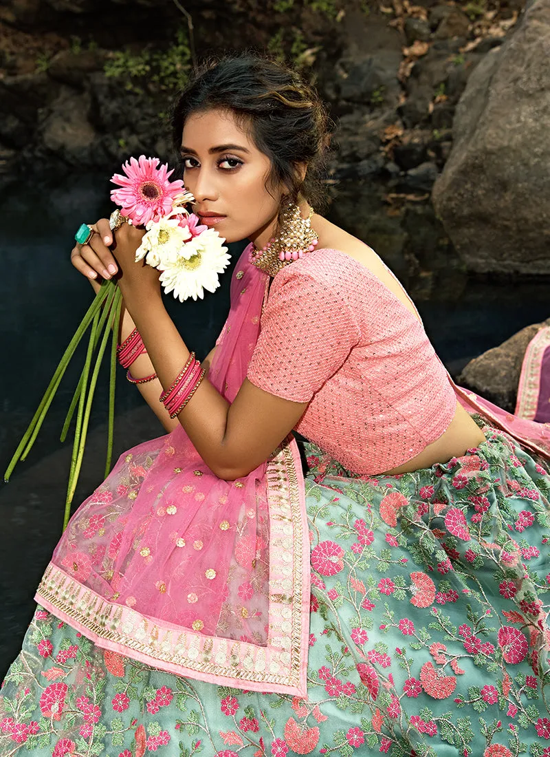 Mint Green And Pink Floral Designer Embroidery Wedding Lehenga Choli
