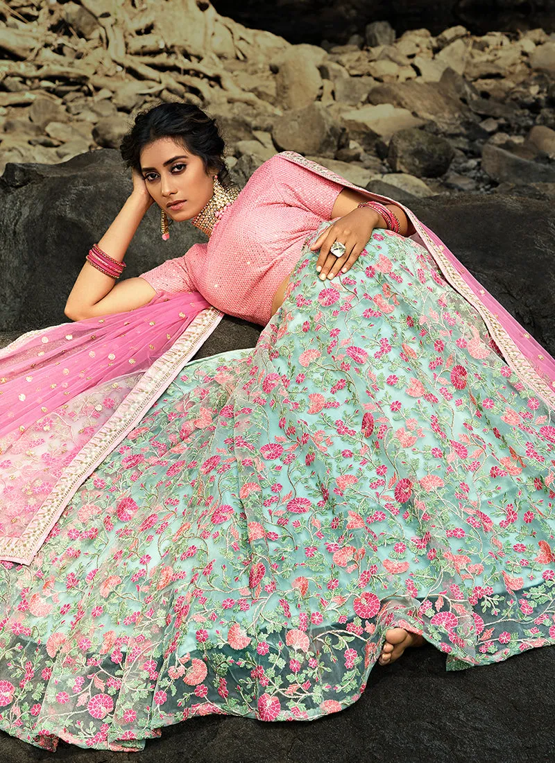 Mint Green And Pink Floral Designer Embroidery Wedding Lehenga Choli