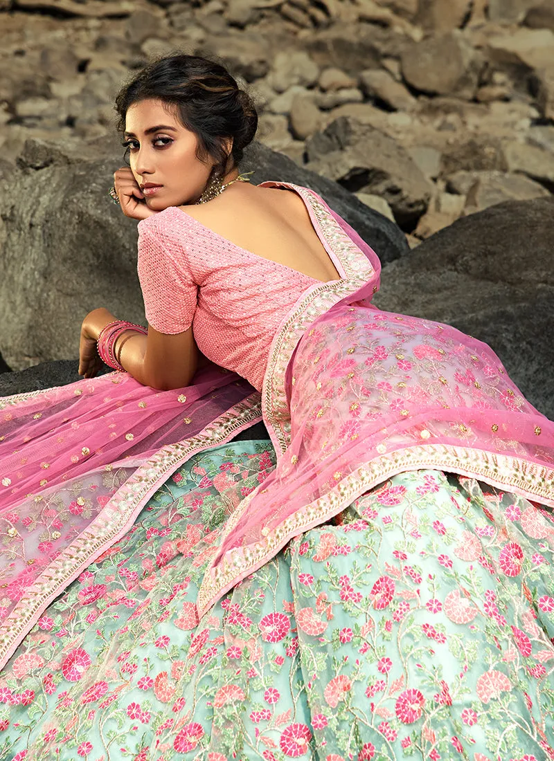 Mint Green And Pink Floral Designer Embroidery Wedding Lehenga Choli