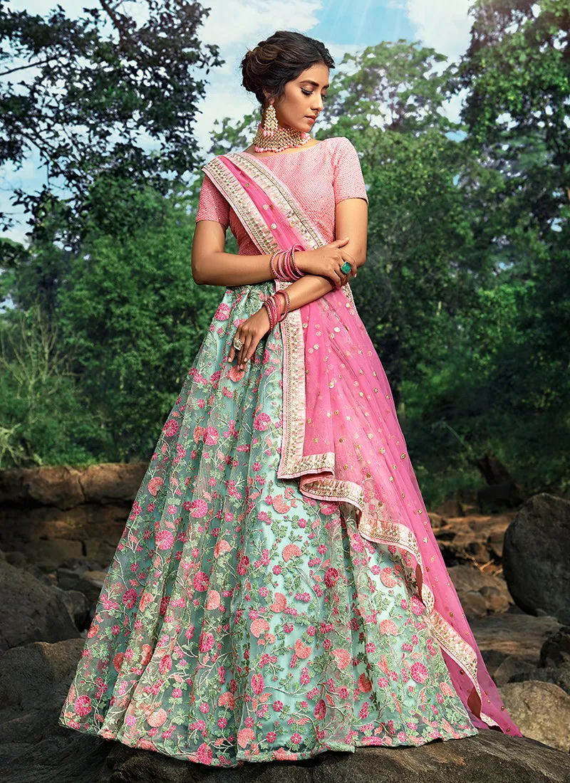 Mint Green And Pink Floral Designer Embroidery Wedding Lehenga Choli