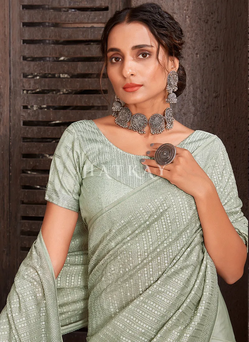 Mint Green Sequence Embroidery Organza Silk Saree