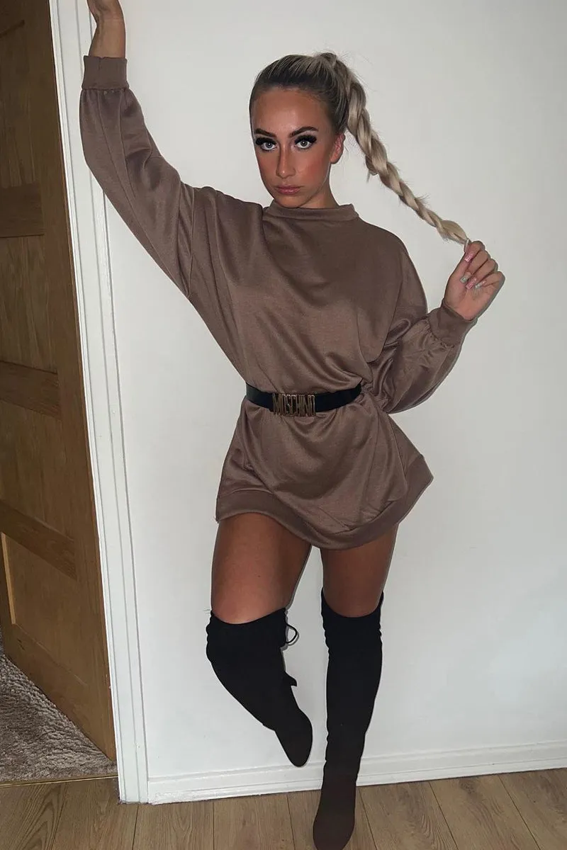 Mocha Oversized Slit Sweatshirt Dress - Kierell