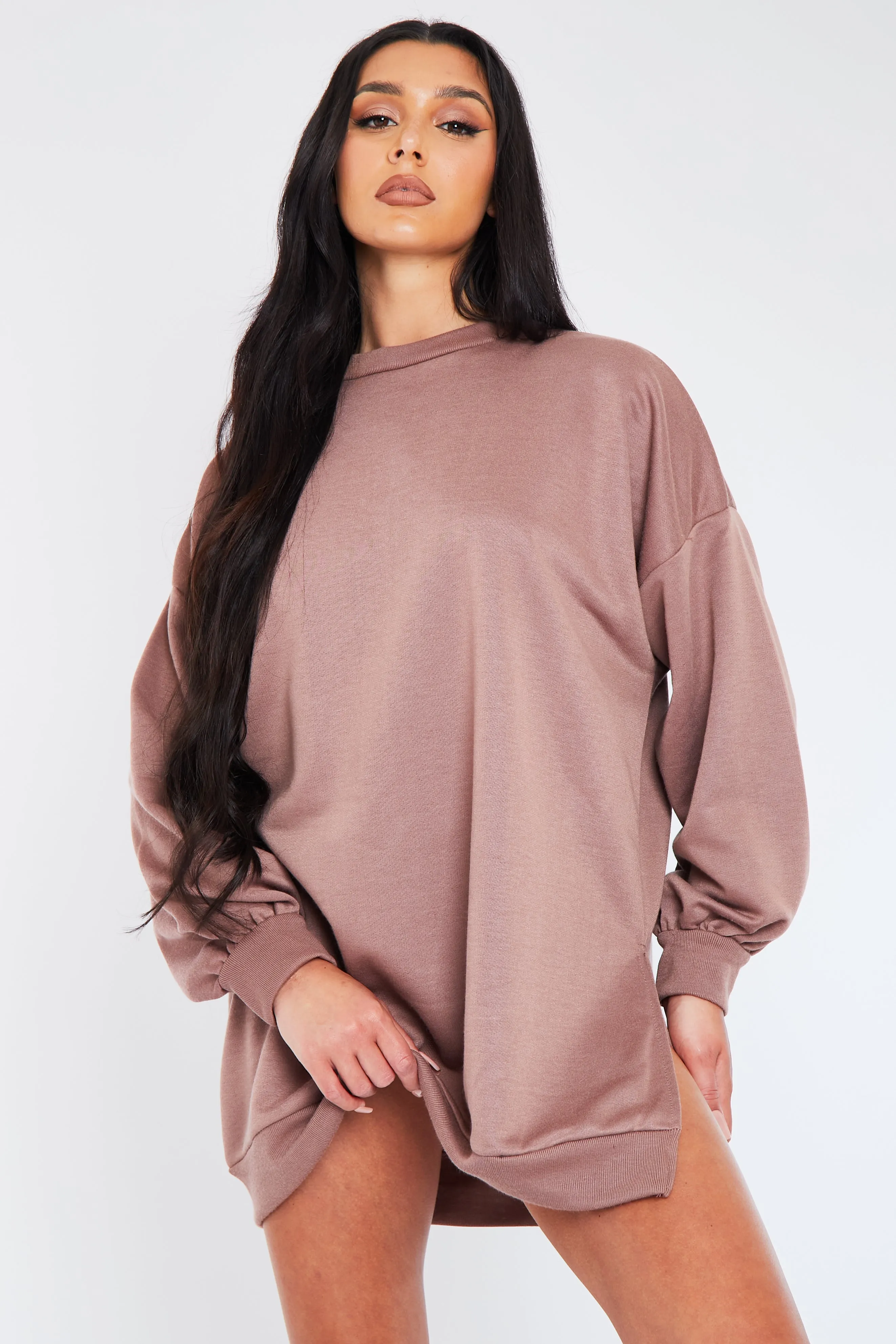 Mocha Oversized Slit Sweatshirt Dress - Kierell